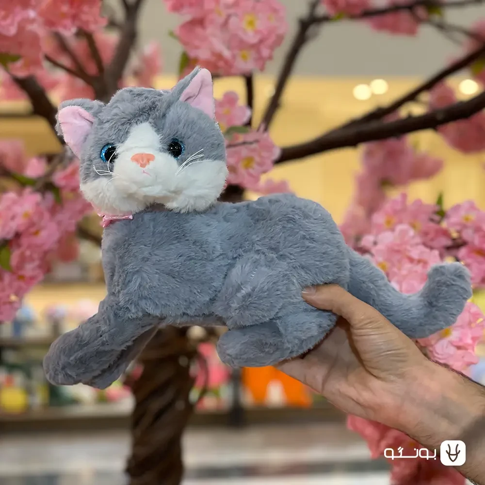 خرید عروسک گربه نشسته طوسی برزگ - فروشگاه بونگو